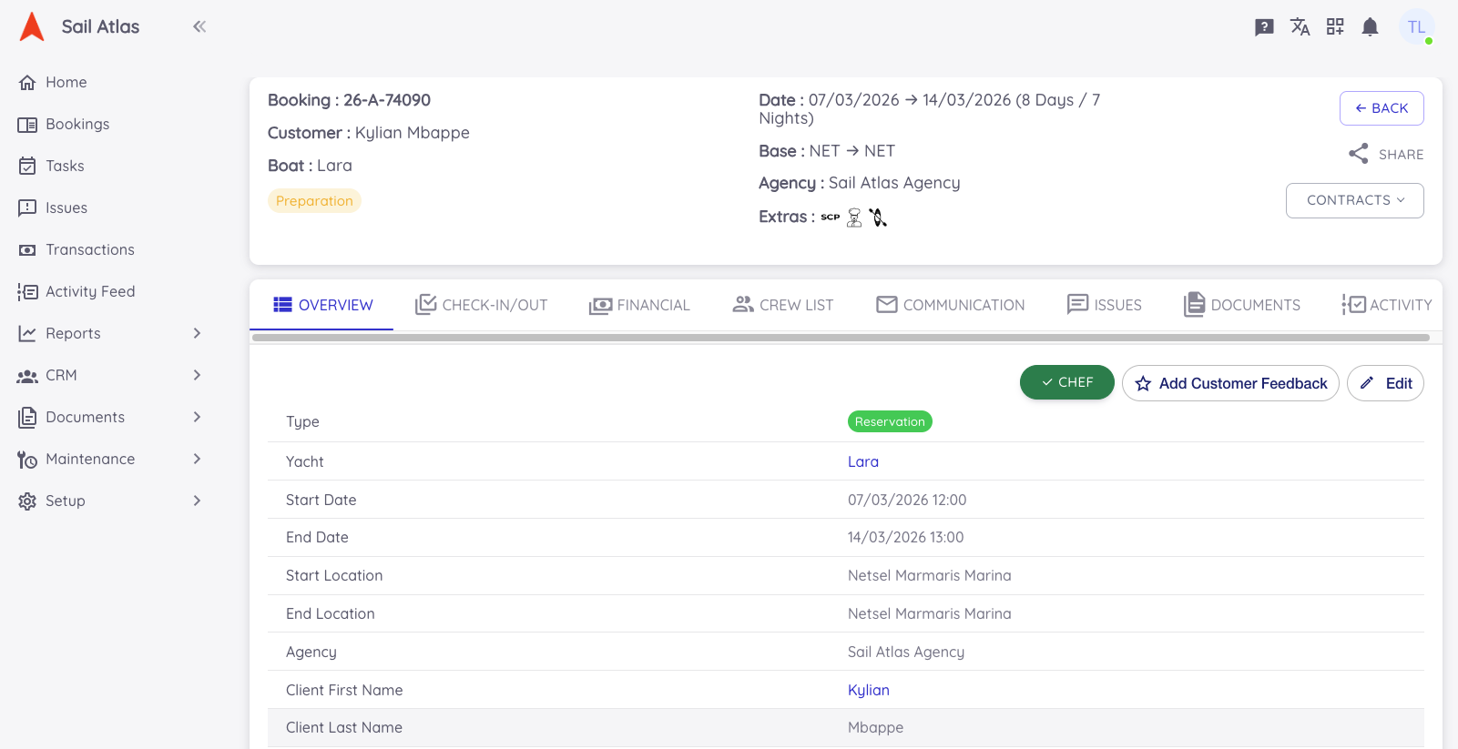 Booking details on Dashboard
