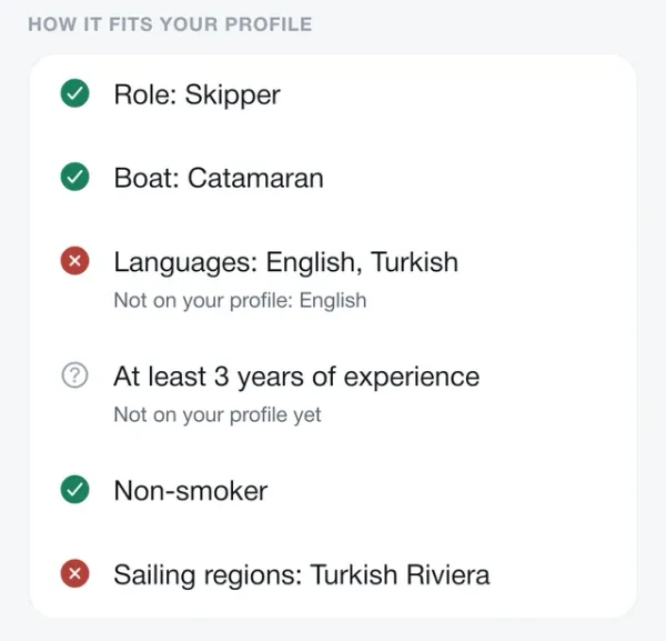 Bir işin profiline uyumu: rol, tekne, diller, deneyim
