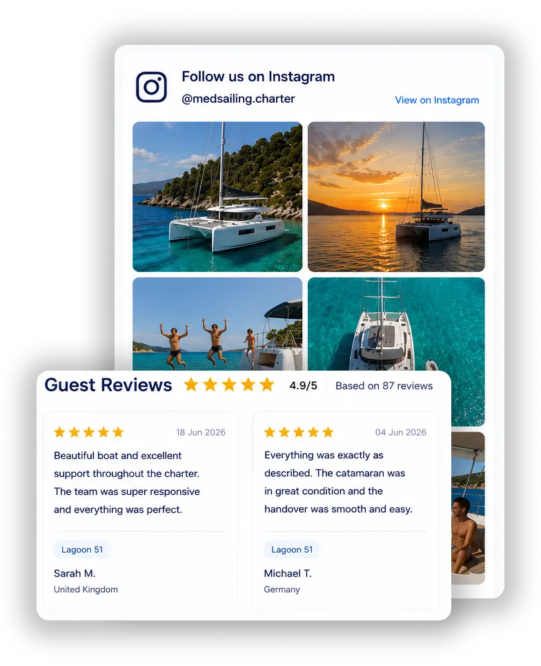 Guest reviews and Instagram feed displayed on a yacht charter website