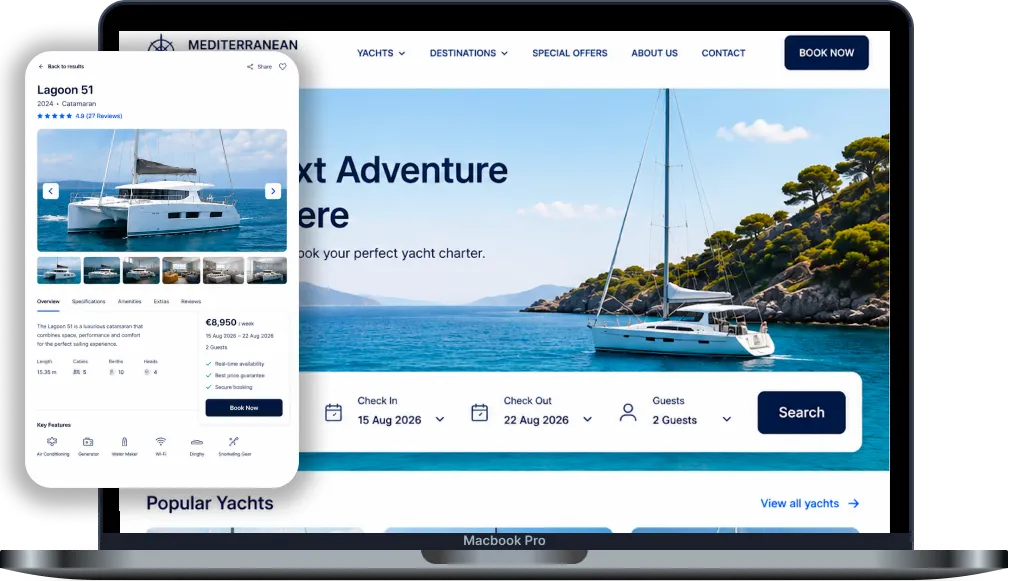 Atlas yacht charter website showing live availability, yacht listings and booking on desktop and mobile